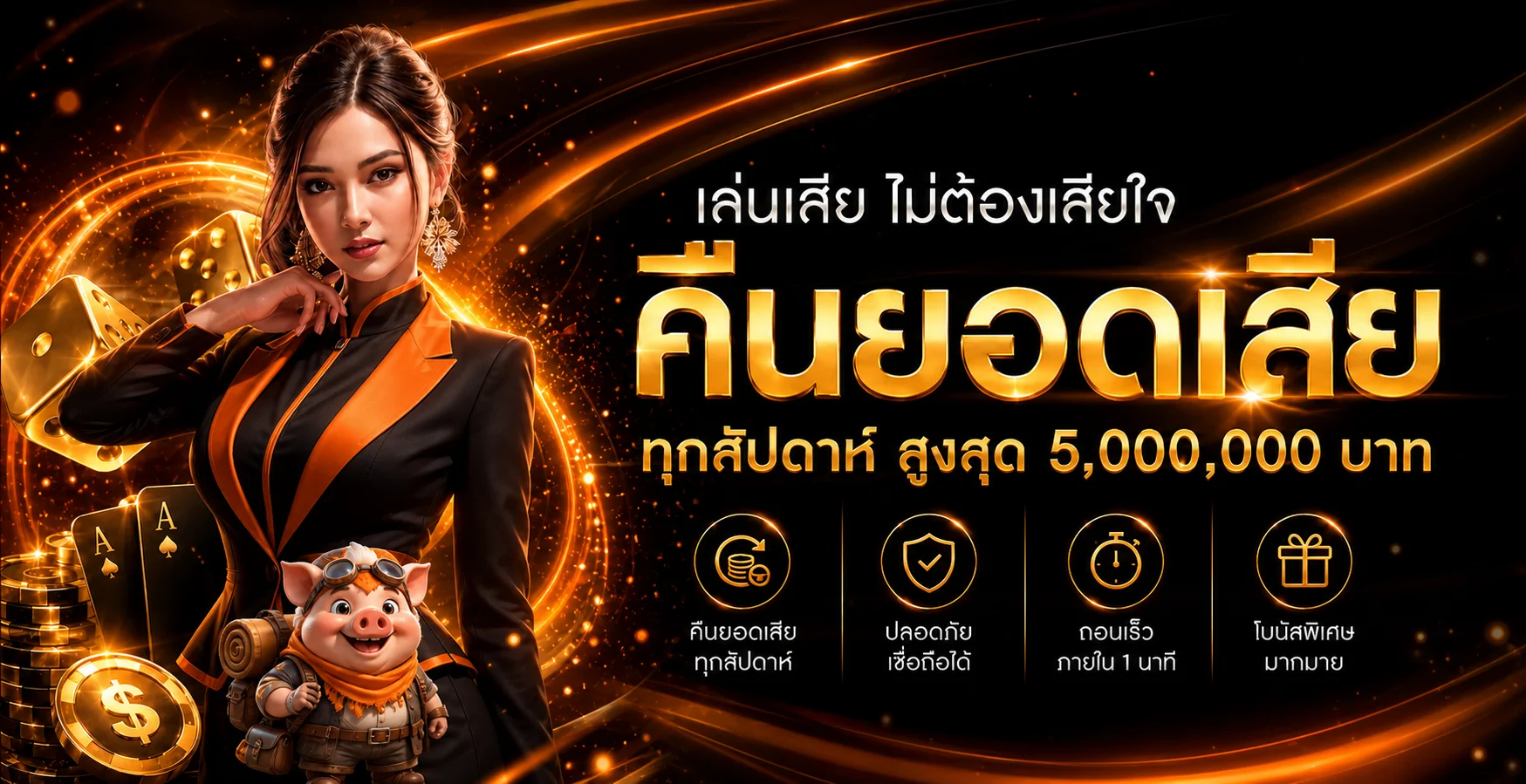 แบนเนอร์ PIG88 คืนยอดเสียและความปลอดภัยธีมส้มดำ